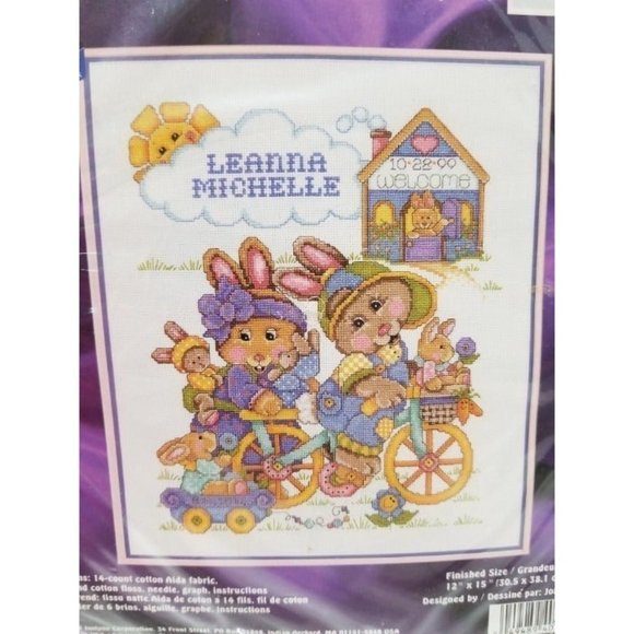 VTG Janlynn 140-176 Biking Bunnies‎ Birth Announcement Counted Cross Stitch Kit - Picture 2 of 5